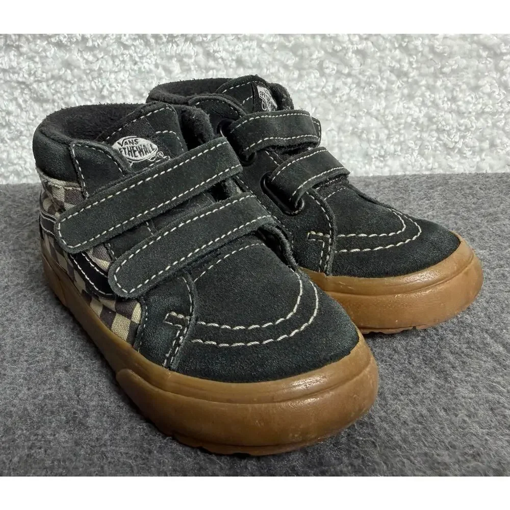 Vans Toddler Sk8-Mid V Black Checkerboard Gum Suede Canvas Hook & Loop Shoes - 7